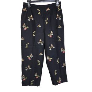 Talbots Petites Womens Pants 8 Black Silk Blend Cropped Embroidered Palm Trees